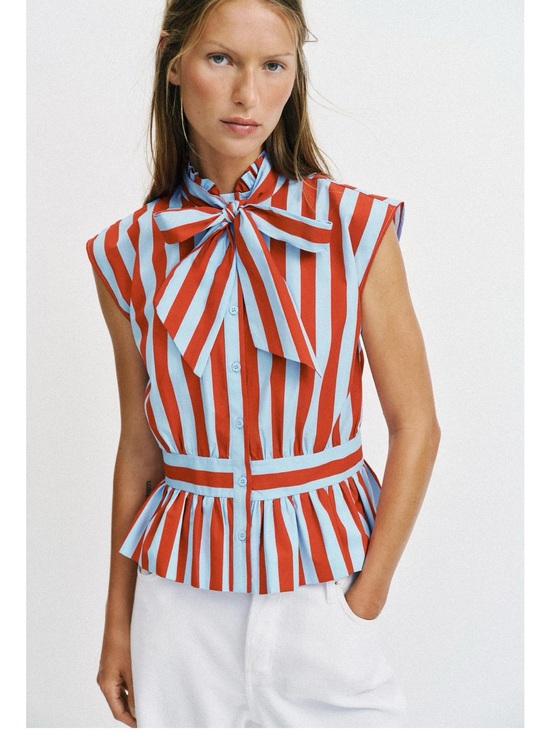Tops - ZARA NEW WOMAN KNOTTED STRIPED BLOUSE RUFFLE REH RED BLUE